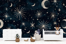 Load image into Gallery viewer, 3D Celestial Moon and Stars Wallpaper Mural | Stylish Night Sky Wall Decor for Nursery or Kids Room | Bold Modern Wall Art Gift for Home