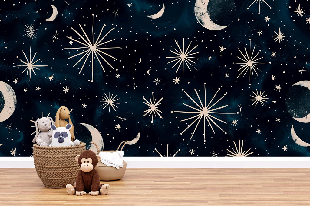 3D Celestial Moon and Stars Wallpaper Mural | Stylish Night Sky Wall Decor for Nursery or Kids Room | Bold Modern Wall Art Gift for Home