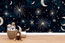 Load image into Gallery viewer, 3D Celestial Moon and Stars Wallpaper Mural | Stylish Night Sky Wall Decor for Nursery or Kids Room | Bold Modern Wall Art Gift for Home