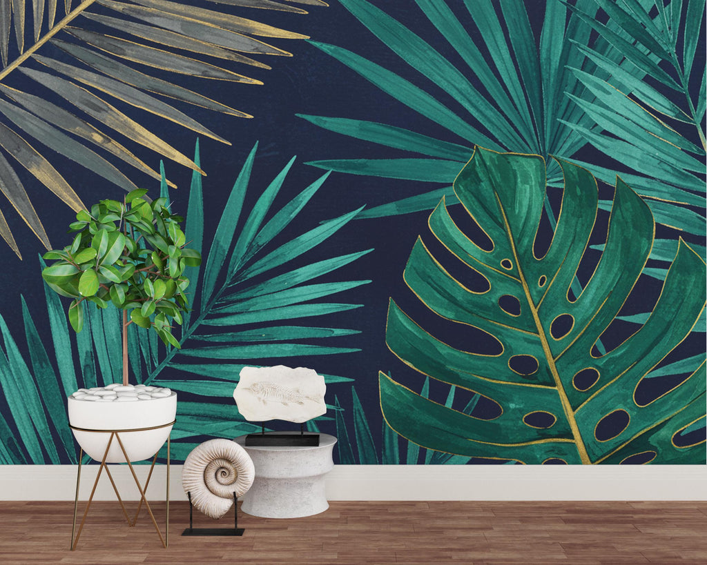 Tropical Leaf Wallpaper Watercolor Wall Mural – Tropical wall decor leaf wall decal, wall art Kids Room or Nursery 909RS