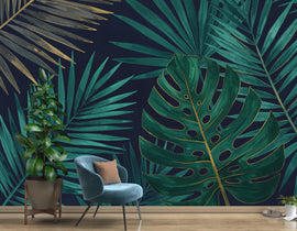 Tropical Leaf Wallpaper Watercolor Wall Mural – Tropical wall decor leaf wall decal, wall art Kids Room or Nursery 909RS