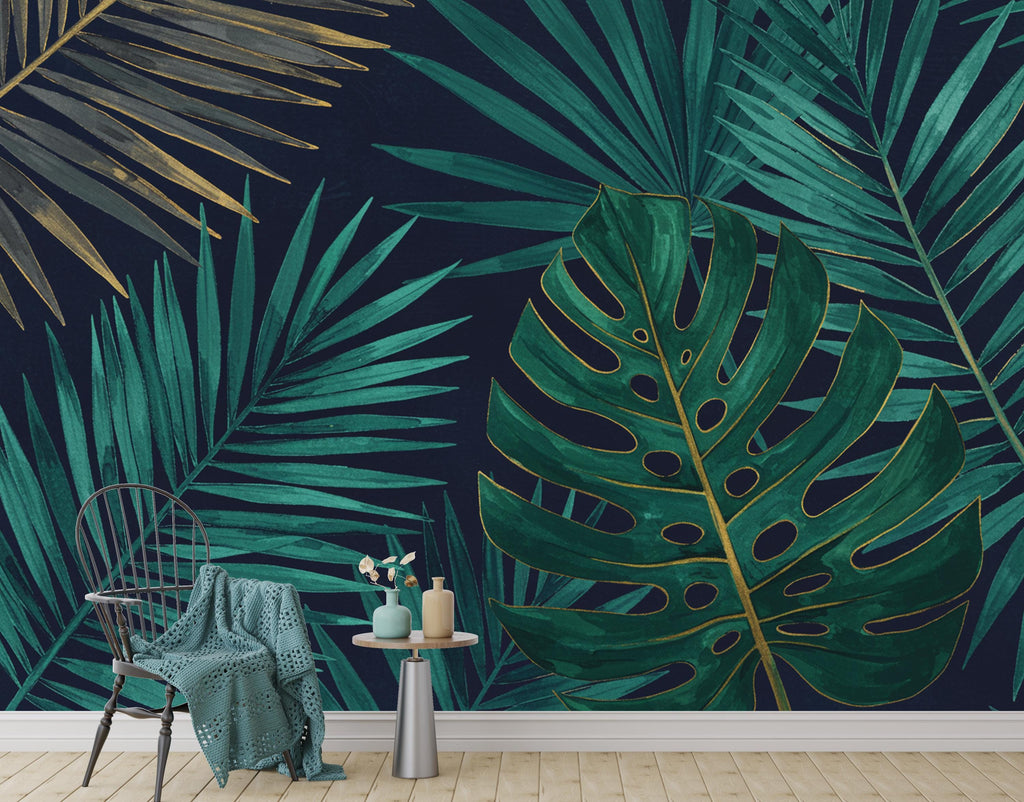 Tropical Leaf Wallpaper Watercolor Wall Mural – Tropical wall decor leaf wall decal, wall art Kids Room or Nursery 909RS