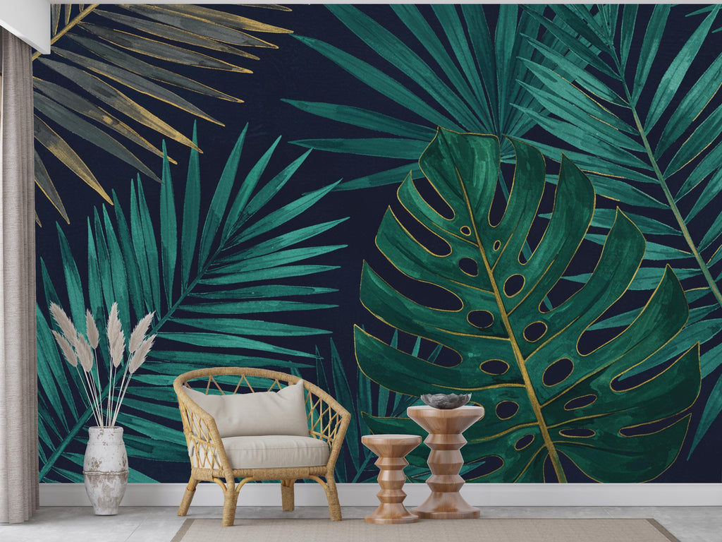 Tropical Leaf Wallpaper Watercolor Wall Mural – Tropical wall decor leaf wall decal, wall art Kids Room or Nursery 909RS