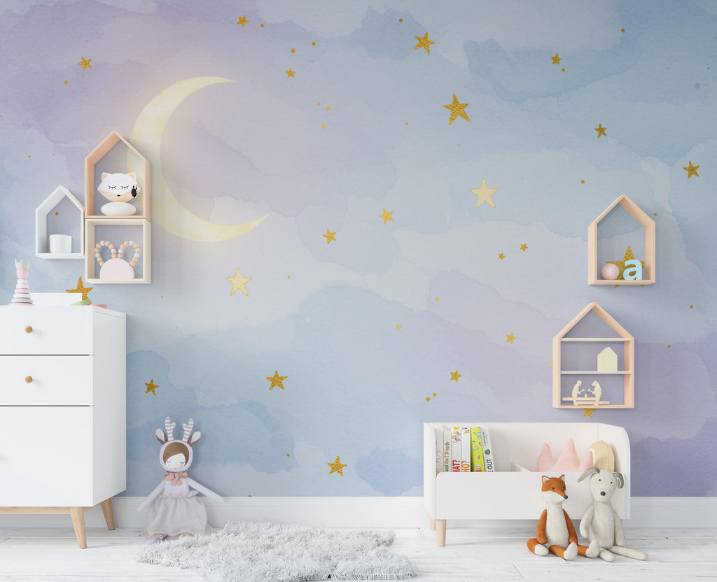 Moon Stars Wallpaper watercolor Kids room Peel and Stick Watercolor Wallpaper Nursery Bedroom Wall Art Wallpaper Minimalist Mural 911RS