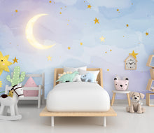 Load image into Gallery viewer, Moon Stars Wallpaper watercolor Kids room Peel and Stick Watercolor Wallpaper Nursery Bedroom Wall Art Wallpaper Minimalist Mural 911RS