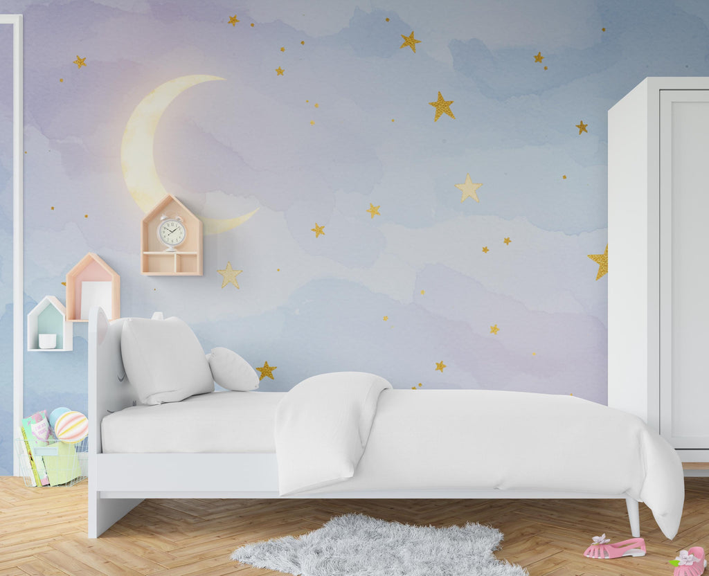 Moon Stars Wallpaper watercolor Kids room Peel and Stick Watercolor Wallpaper Nursery Bedroom Wall Art Wallpaper Minimalist Mural 911RS