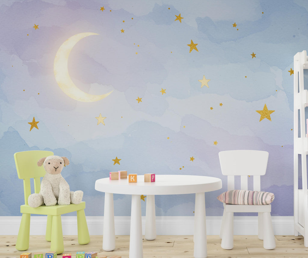 Moon Stars Wallpaper watercolor Kids room Peel and Stick Watercolor Wallpaper Nursery Bedroom Wall Art Wallpaper Minimalist Mural 911RS