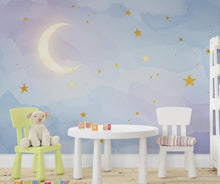 Load image into Gallery viewer, Moon Stars Wallpaper watercolor Kids room Peel and Stick Watercolor Wallpaper Nursery Bedroom Wall Art Wallpaper Minimalist Mural 911RS