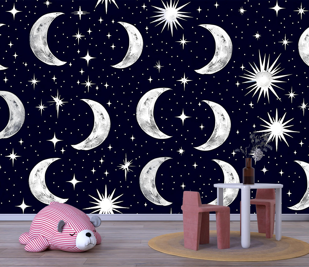 3D Moon and Stars Celestial Wallpaper Mural | Stylish Nursery Kids Room Wall Decor | Bold Modern Night Sky Wall Art Gift for Home Makeover