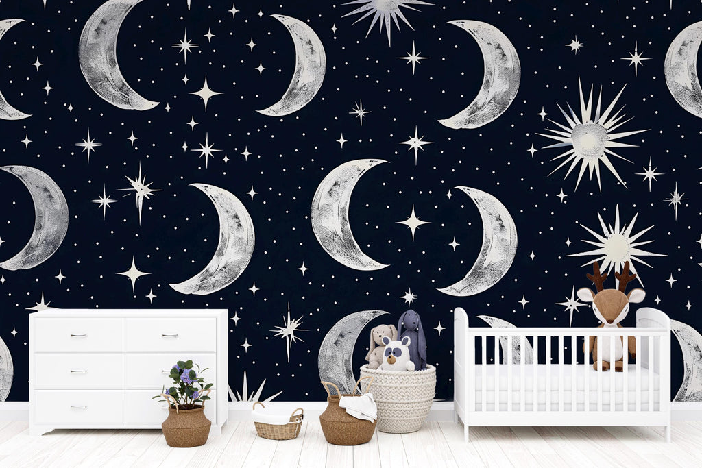 3D Moon and Stars Celestial Wallpaper Mural | Stylish Nursery Kids Room Wall Decor | Bold Modern Night Sky Wall Art Gift for Home Makeover