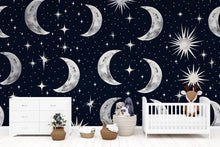 Load image into Gallery viewer, 3D Moon and Stars Celestial Wallpaper Mural | Stylish Nursery Kids Room Wall Decor | Bold Modern Night Sky Wall Art Gift for Home Makeover