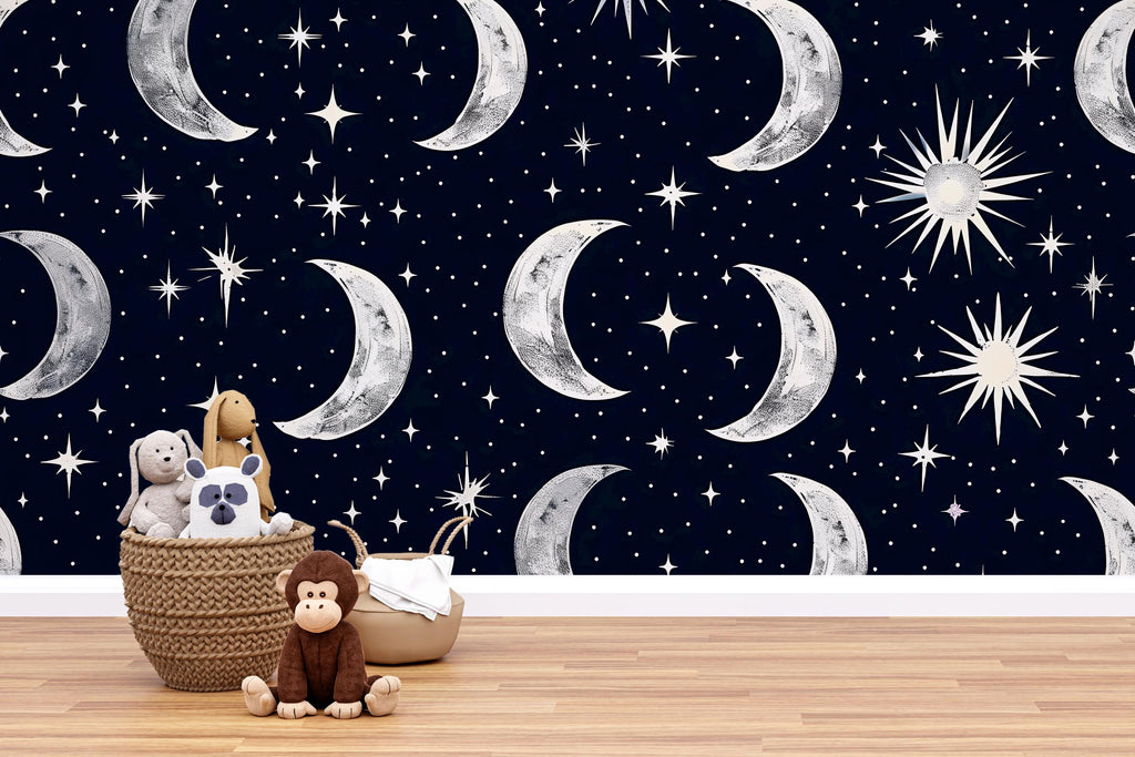 3D Moon and Stars Celestial Wallpaper Mural | Stylish Nursery Kids Room Wall Decor | Bold Modern Night Sky Wall Art Gift for Home Makeover