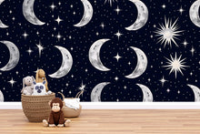 Load image into Gallery viewer, 3D Moon and Stars Celestial Wallpaper Mural | Stylish Nursery Kids Room Wall Decor | Bold Modern Night Sky Wall Art Gift for Home Makeover