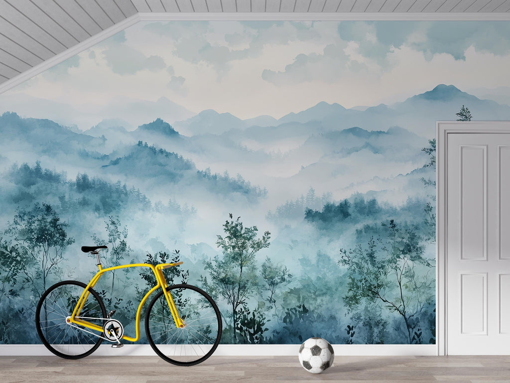 3D Watercolor Mountain Forest Wallpaper Mural | Stylish Modern Wall Decor for Nursery Kids Room or Bedroom | Bold Scenic Wall Art Gift Home