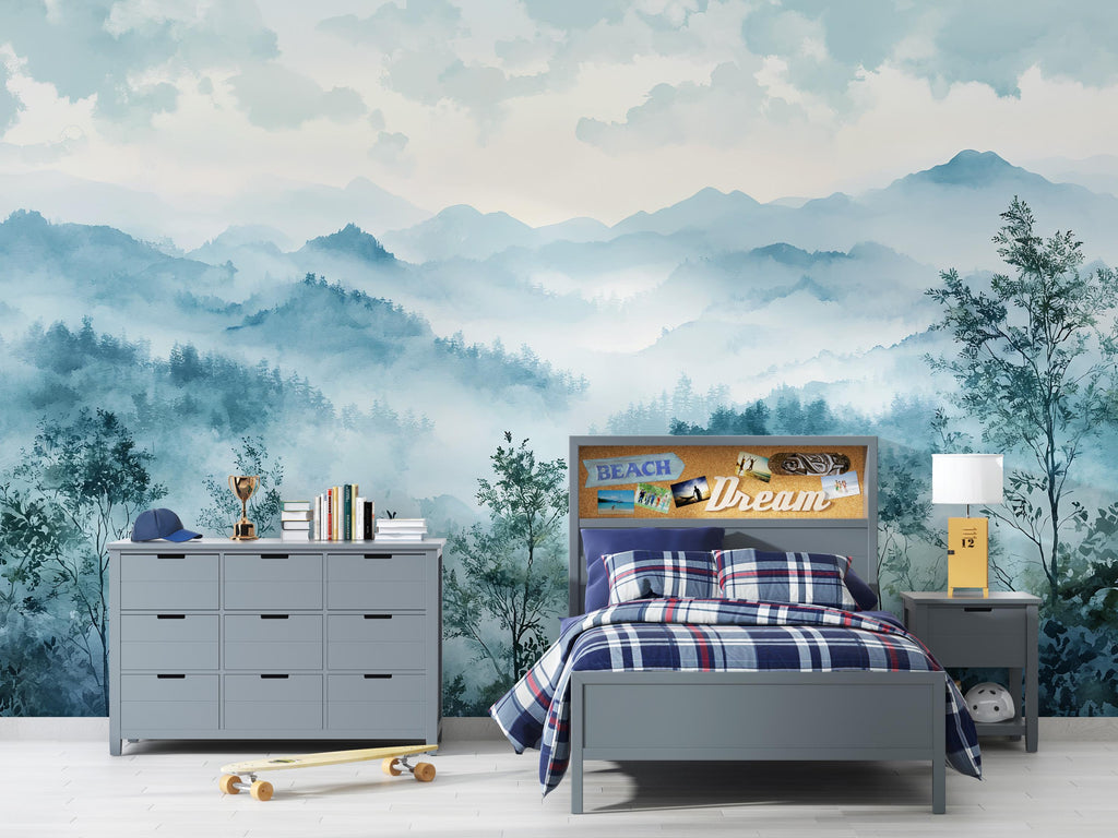 3D Watercolor Mountain Forest Wallpaper Mural | Stylish Modern Wall Decor for Nursery Kids Room or Bedroom | Bold Scenic Wall Art Gift Home