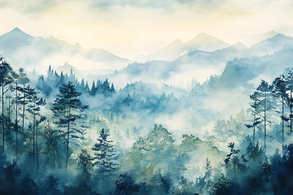 3D Watercolor Forest Mountain Wallpaper Mural | Stylish Modern Wall Decor for Kids Room, Teen Bedroom or Nursery | Bold Scenic Wall Art Gift
