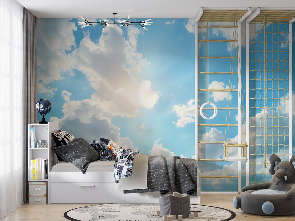 3D Sky and Clouds Wallpaper Mural | Stylish Modern Wall Decor for Nursery Kids Room or Bedroom | Bold Scenic Wall Art Gift for Home Makeover