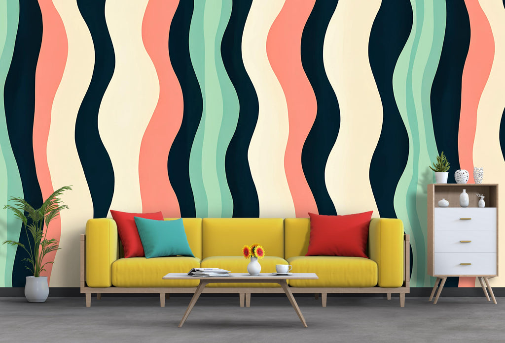 3D Retro Wavy Stripes Wallpaper Mural | Stylish Bold Modern Wall Decor | Colorful Abstract Wave Lines for Living Room Bedroom Office