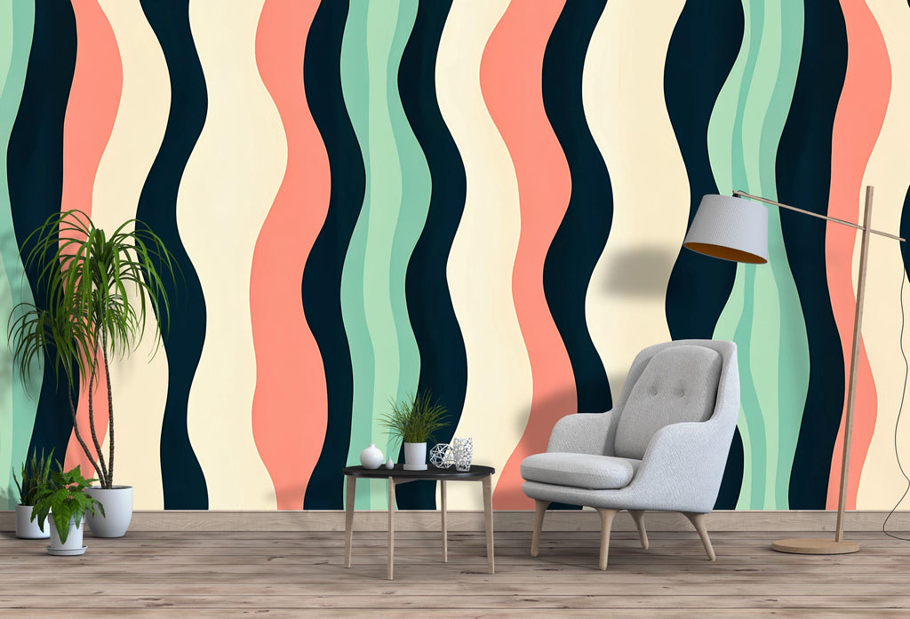 3D Retro Wavy Stripes Wallpaper Mural | Stylish Bold Modern Wall Decor | Colorful Abstract Wave Lines for Living Room Bedroom Office
