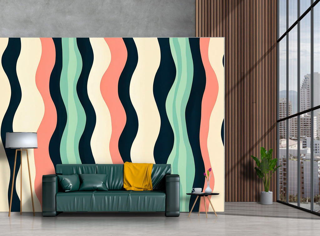 3D Retro Wavy Stripes Wallpaper Mural | Stylish Bold Modern Wall Decor | Colorful Abstract Wave Lines for Living Room Bedroom Office