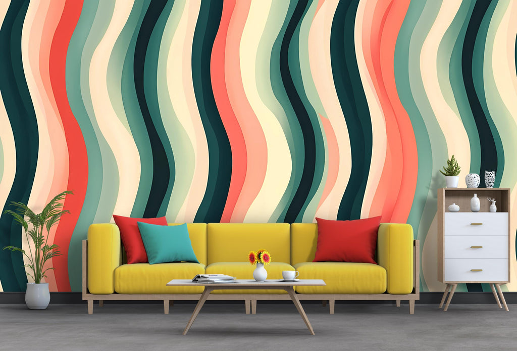 3D Retro Wave Stripes Wallpaper Mural | Bold Stylish Modern Wall Decor | Layered Abstract Wavy Lines for Living Room Bedroom Office | Gift