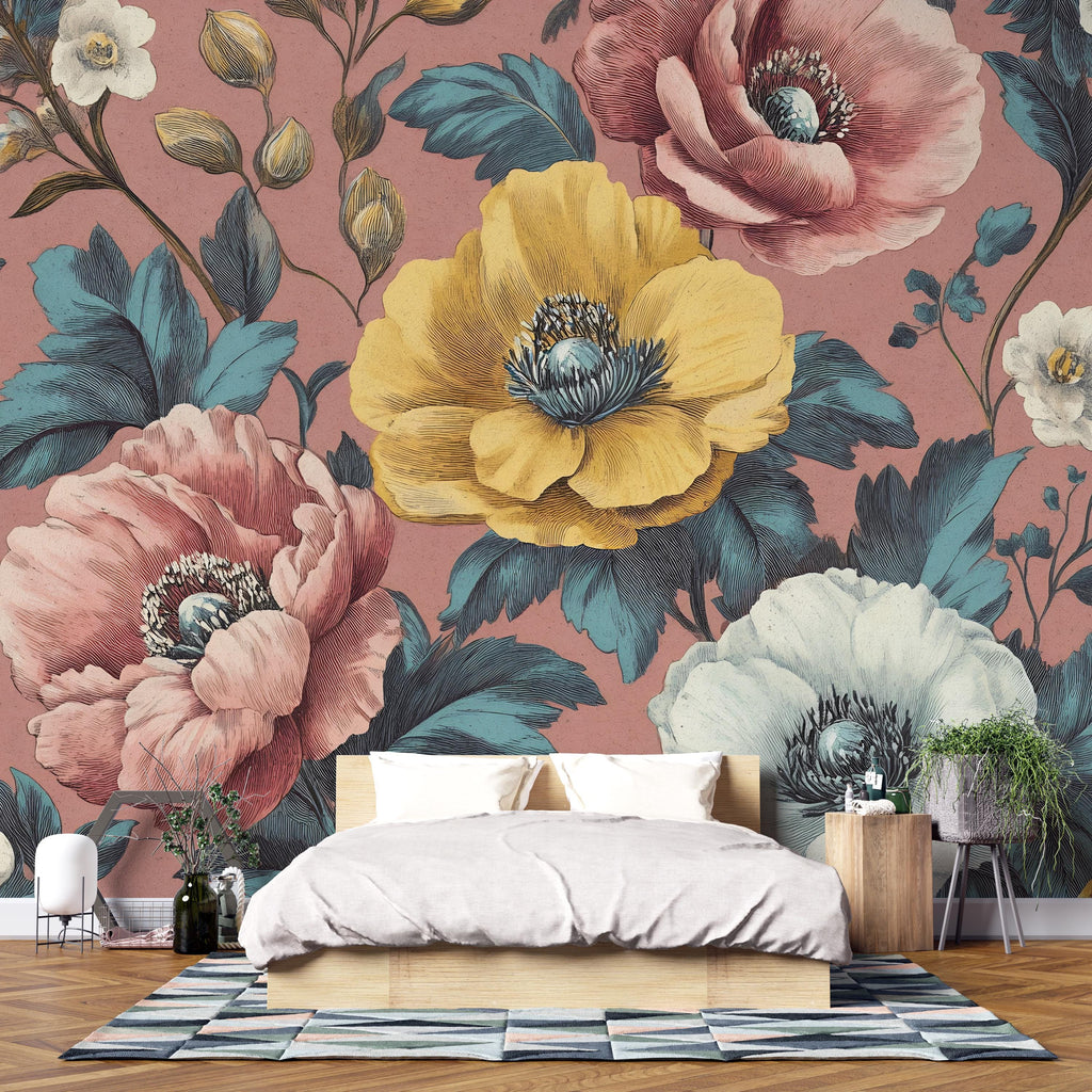 3D Oversized Floral Wallpaper Mural | Bold Vintage Botanical Wall Decor | Stylish Modern Wall Art for Bedroom Living Room Office