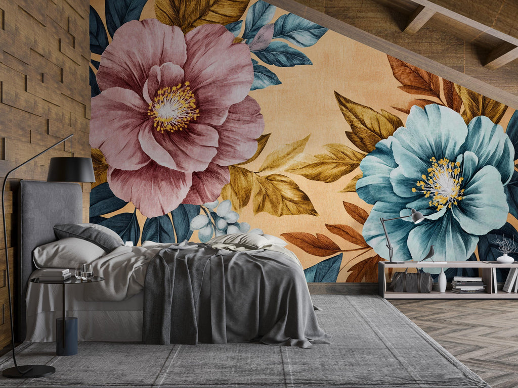 3D Oversized Floral Wallpaper Mural | Bold Vintage Botanical Wall Decor | Stylish Modern Wall Art for Bedroom Living Room Office