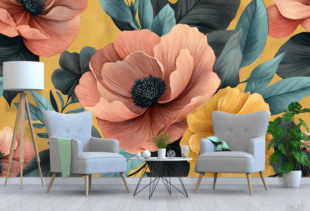 3D Oversized Floral Wallpaper Mural | Bold Colorful Botanical Wall Decor | Stylish Modern Wall Art for Living Room Bedroom Office