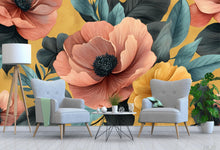 Load image into Gallery viewer, 3D Oversized Floral Wallpaper Mural | Bold Colorful Botanical Wall Decor | Stylish Modern Wall Art for Living Room Bedroom Office