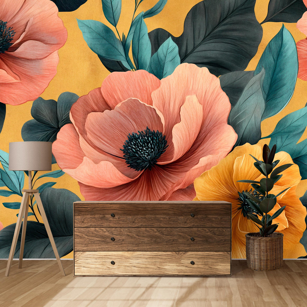 3D Oversized Floral Wallpaper Mural | Bold Colorful Botanical Wall Decor | Stylish Modern Wall Art for Living Room Bedroom Office