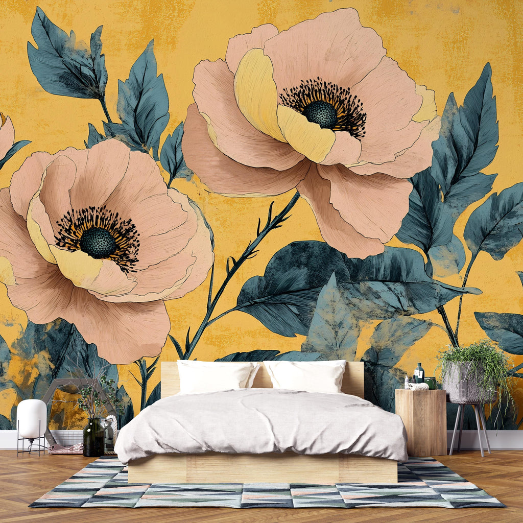 3D Oversized Floral Wallpaper Mural | Bold Golden Botanical Wall Decor | Stylish Modern Statement Wall Art for Bedroom Living Room Office
