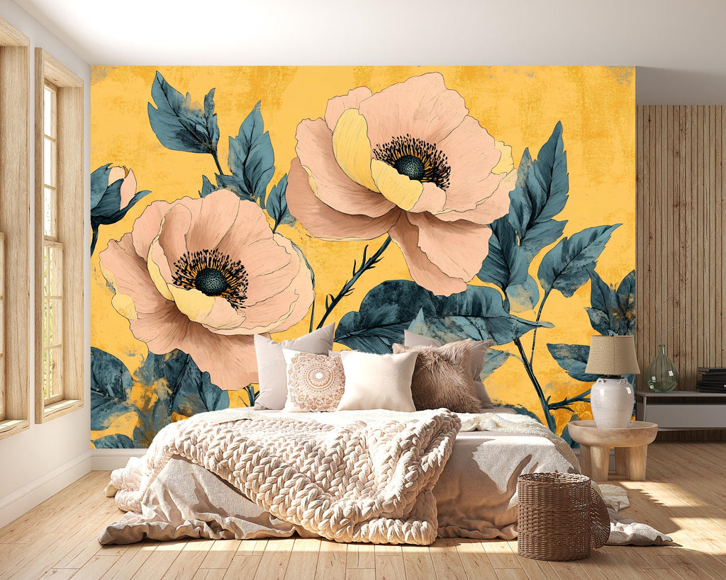 3D Oversized Floral Wallpaper Mural | Bold Golden Botanical Wall Decor | Stylish Modern Statement Wall Art for Bedroom Living Room Office