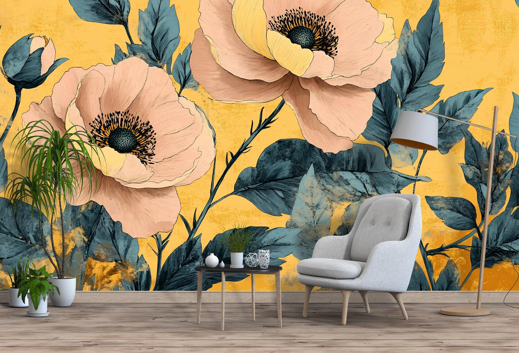 3D Oversized Floral Wallpaper Mural | Bold Golden Botanical Wall Decor | Stylish Modern Statement Wall Art for Bedroom Living Room Office