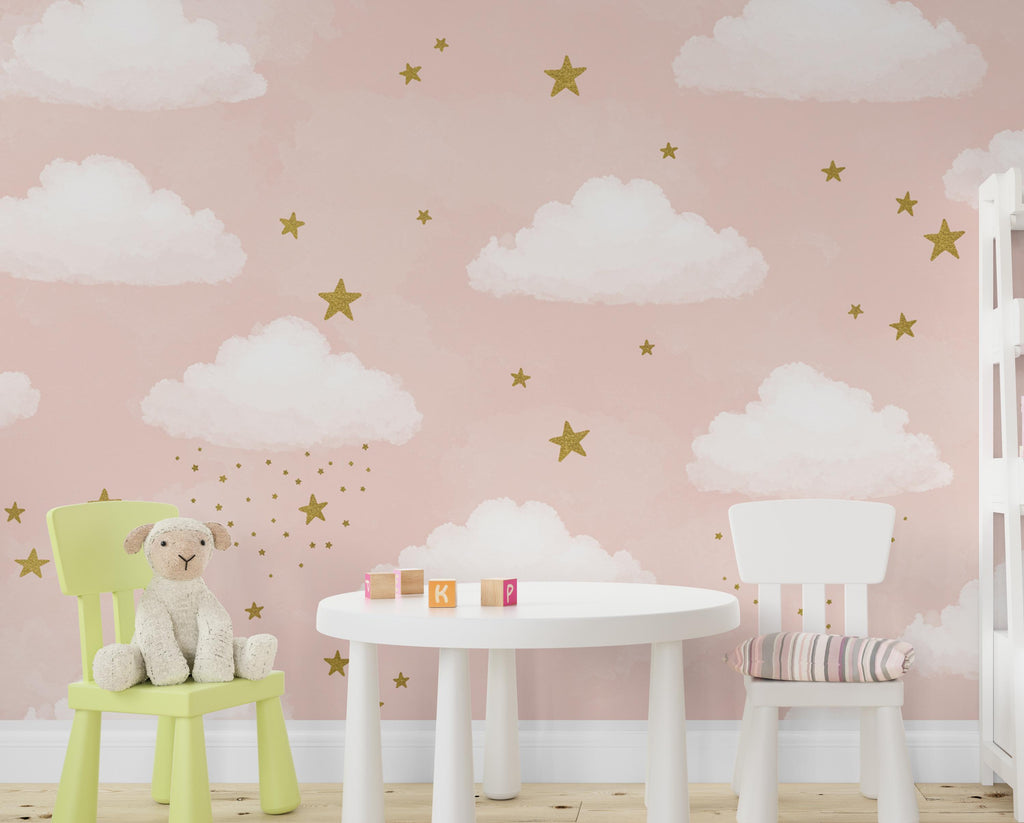 Cloud Stars Watercolor Girl room Wallpaper Stars Peel and Stick Girl room Wallpaper Nursery Self Adhesive Rainbow nursery decor Mural 939RS