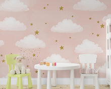 Load image into Gallery viewer, Cloud Stars Watercolor Girl room Wallpaper Stars Peel and Stick Girl room Wallpaper Nursery Self Adhesive Rainbow nursery decor Mural 939RS