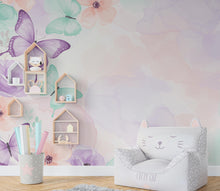 Load image into Gallery viewer, Butterfly Garden Wallpaper – Watercolor Pastel Wall Mural, Dreamy Floral Peel and Stick Wallpaper for Girl Bedroom or Playroom Nursery 940RS