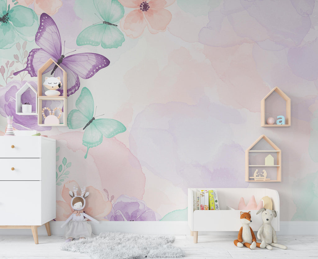 Butterfly Garden Wallpaper – Watercolor Pastel Wall Mural, Dreamy Floral Peel and Stick Wallpaper for Girl Bedroom or Playroom Nursery 940RS
