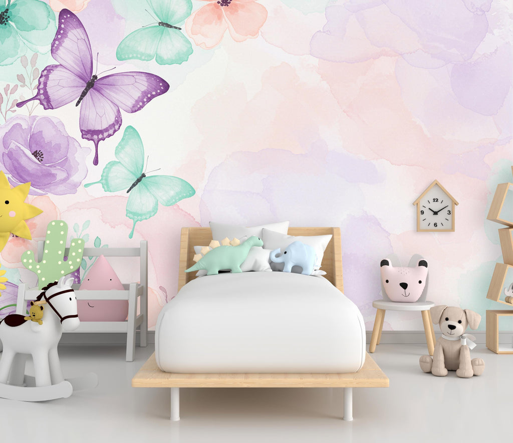 Butterfly Garden Wallpaper – Watercolor Pastel Wall Mural, Dreamy Floral Peel and Stick Wallpaper for Girl Bedroom or Playroom Nursery 940RS