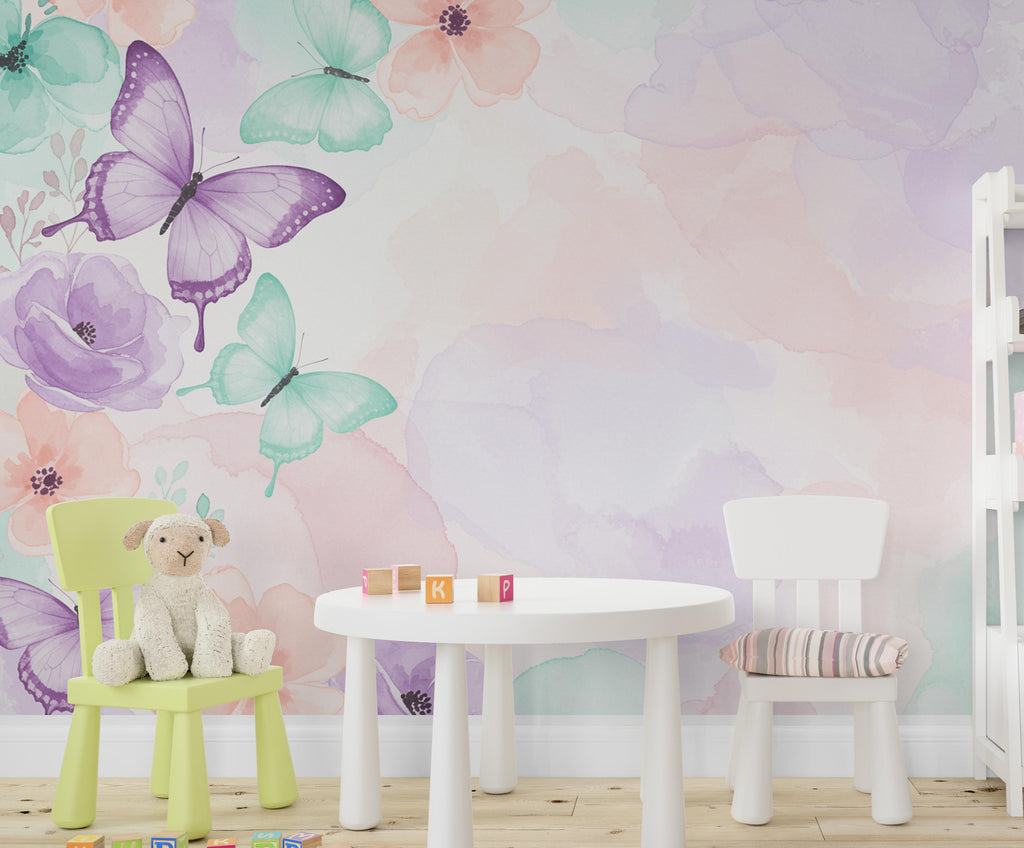 Butterfly Garden Wallpaper – Watercolor Pastel Wall Mural, Dreamy Floral Peel and Stick Wallpaper for Girl Bedroom or Playroom Nursery 940RS