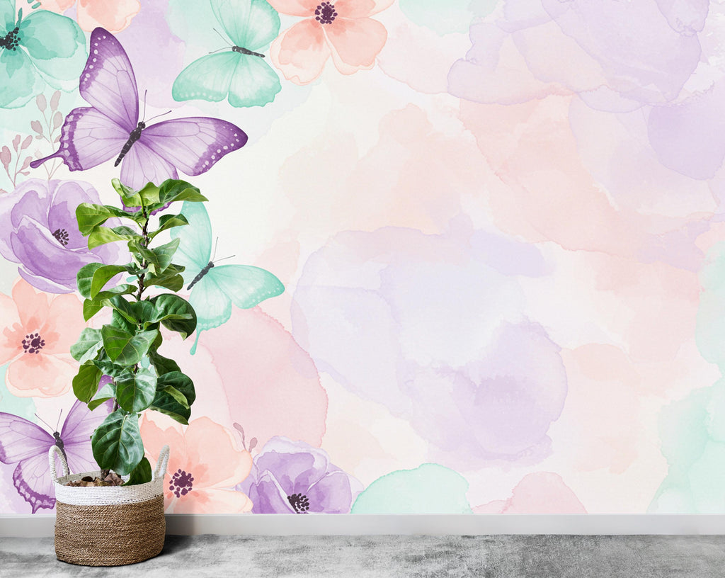 Butterfly Garden Wallpaper – Watercolor Pastel Wall Mural, Dreamy Floral Peel and Stick Wallpaper for Girl Bedroom or Playroom Nursery 940RS
