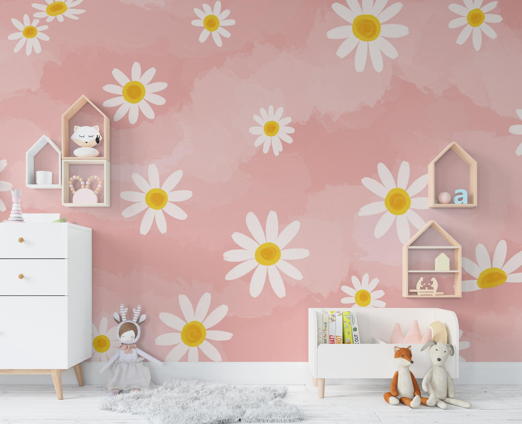 Daisy Flower Wallpaper – Cute Pink and White Floral Mural, Playful Peel and Stick Wallpaper for Kids or Teen Girl Room 941RS