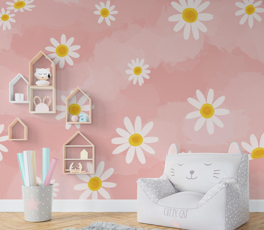 Daisy Flower Wallpaper – Cute Pink and White Floral Mural, Playful Peel and Stick Wallpaper for Kids or Teen Girl Room 941RS