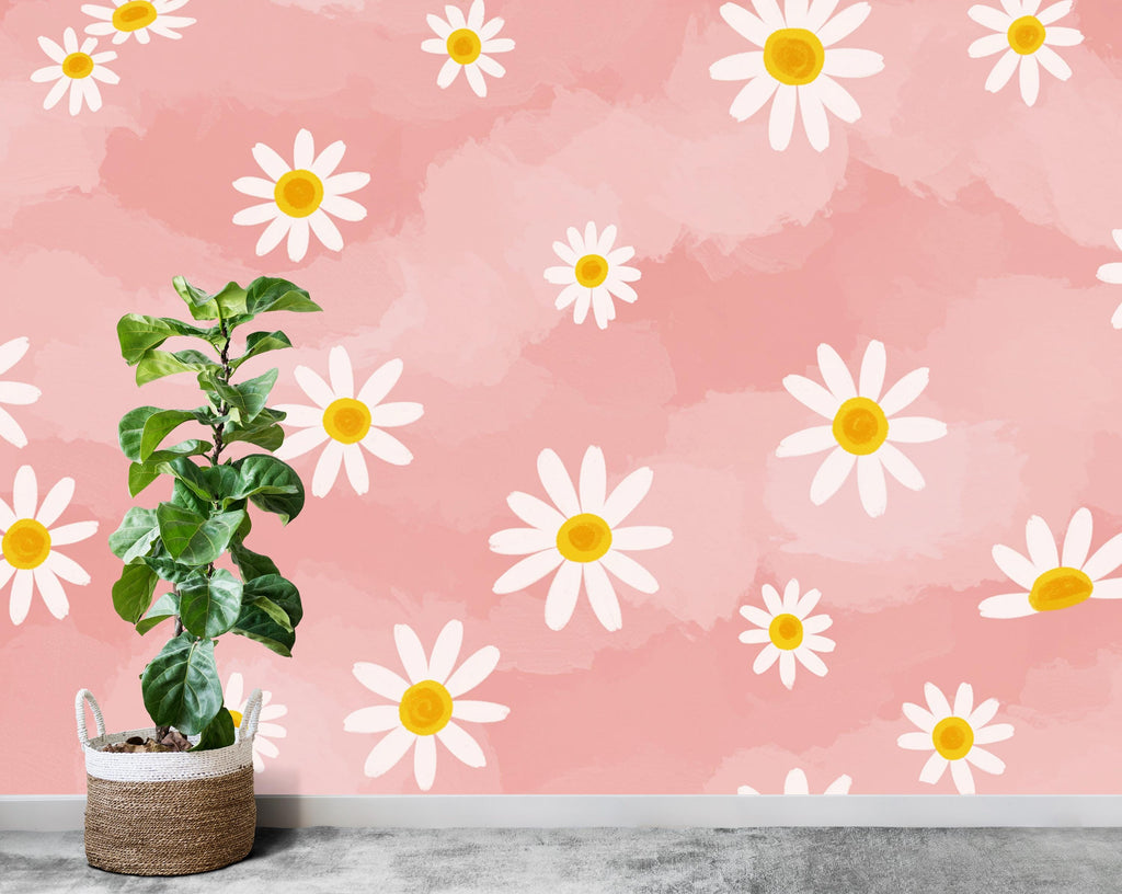 Daisy Flower Wallpaper – Cute Pink and White Floral Mural, Playful Peel and Stick Wallpaper for Kids or Teen Girl Room 941RS