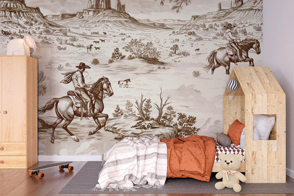 3D Vintage Cowboy Western Wallpaper Mural | Rustic Wild West Wall Decor | Stylish Bold Statement Wall Art for Bedroom Kids Room Living Room