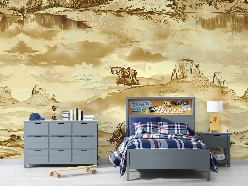 3D Vintage Cowboy Western Wallpaper Mural | Rustic Sepia Wild West Wall Decor | Stylish Bold Statement Wall Art for Bedroom Living Room