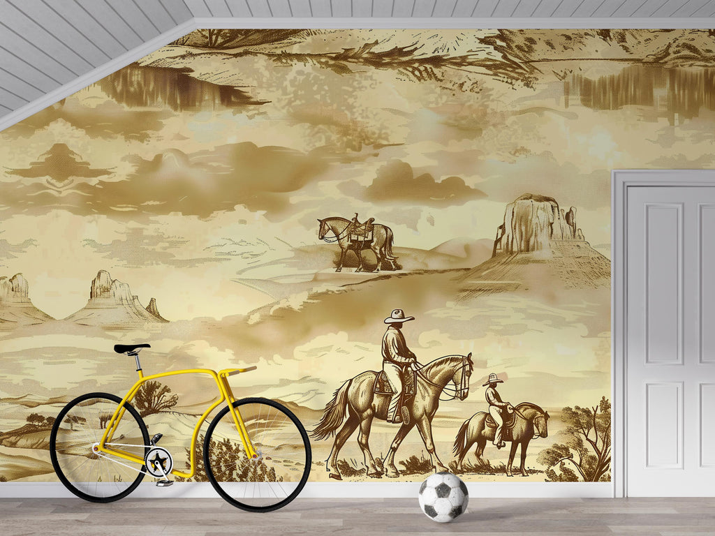 3D Vintage Cowboy Western Wallpaper Mural | Rustic Sepia Wild West Wall Decor | Stylish Bold Statement Wall Art for Bedroom Living Room