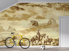Load image into Gallery viewer, 3D Vintage Cowboy Western Wallpaper Mural | Rustic Sepia Wild West Wall Decor | Stylish Bold Statement Wall Art for Bedroom Living Room