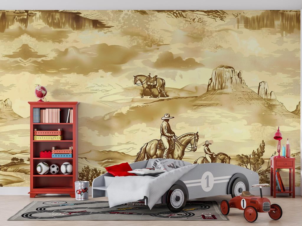 3D Vintage Cowboy Western Wallpaper Mural | Rustic Sepia Wild West Wall Decor | Stylish Bold Statement Wall Art for Bedroom Living Room