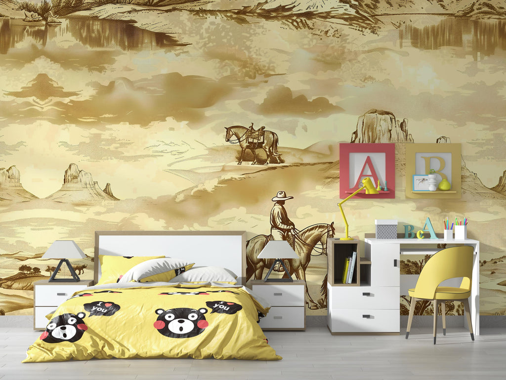 3D Vintage Cowboy Western Wallpaper Mural | Rustic Sepia Wild West Wall Decor | Stylish Bold Statement Wall Art for Bedroom Living Room