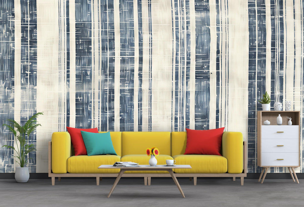 Modern Navy Textured Stripe Wallpaper Mural | Blue & Beige Linen Inspired Wall Decor | Stylish Bold Statement Wall Art for Living Room